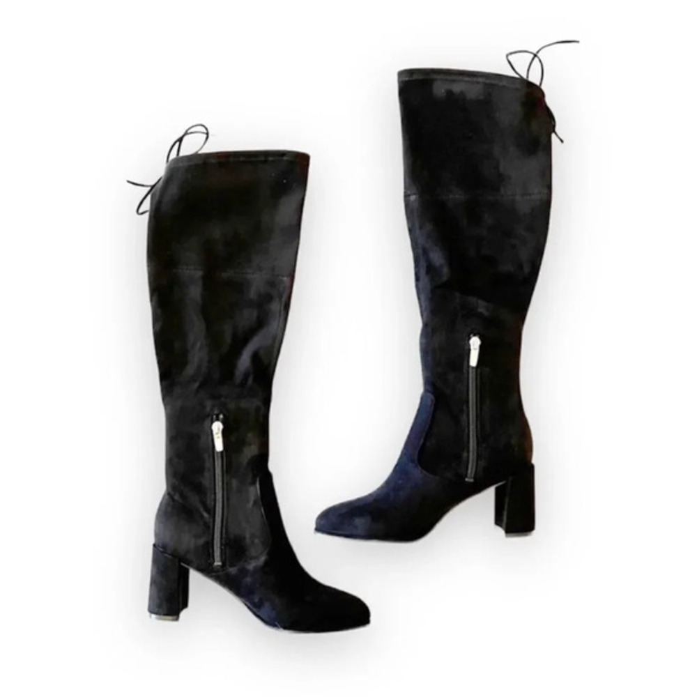 Marc Fisher Lupo Black Fabric Tall Boots Size 5 Over Knee‎ Tie Back Faux Suede